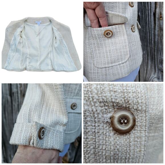 Tweed Blazer WHBM Size 0 Button Front Beige Flap Pockets Crop 3/4 Sleeve Jacket - Picture 8 of 11